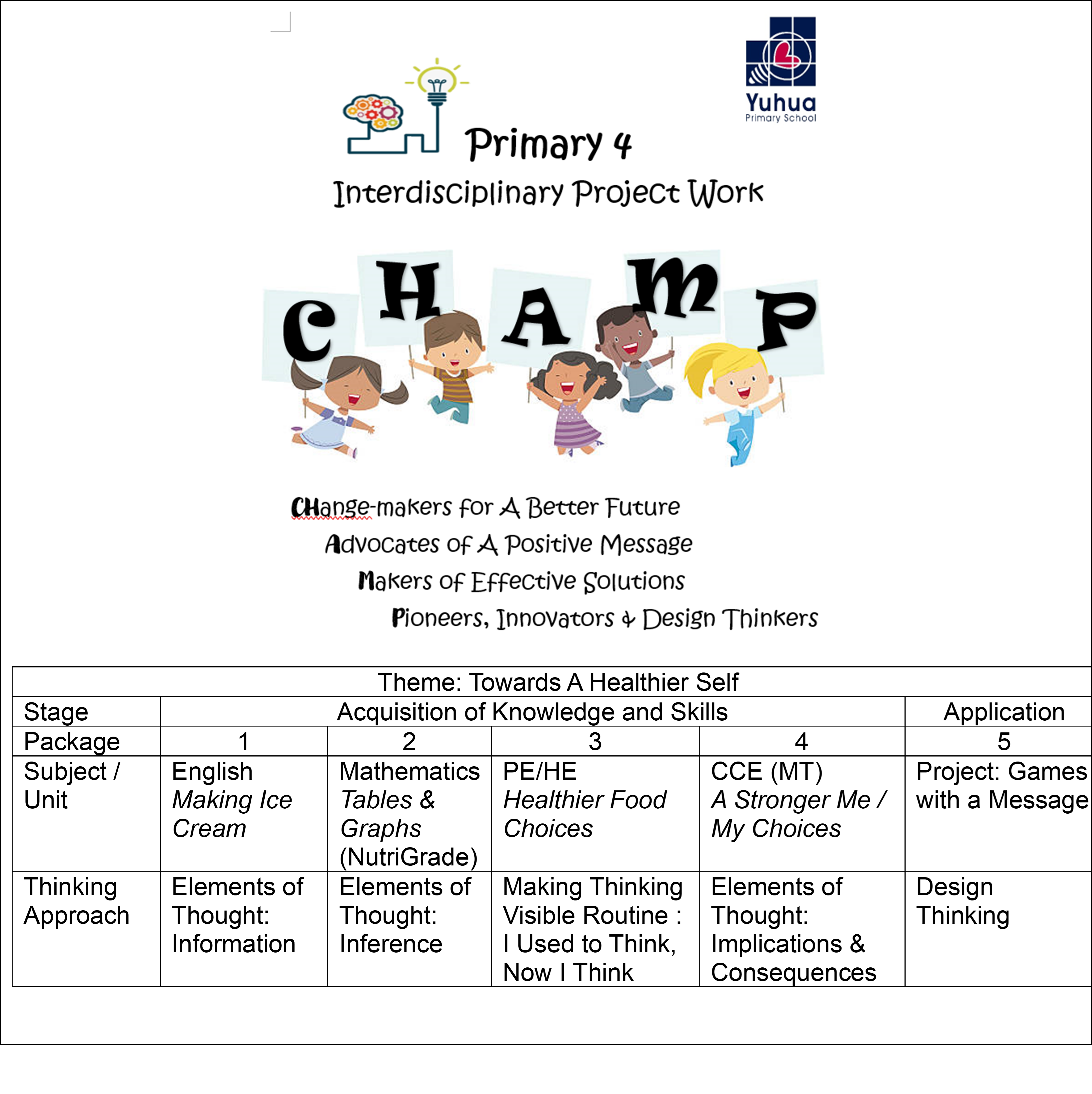 Yuhua Primary School Primary 4 CHAMP Interdisciplinary Project Work flyer with cartoon children and a subject table.