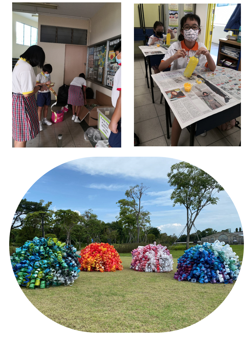 Students collect and craft plastic bottles in class, and colorful recycled plastic sculptures are displayed outdoors on grass.