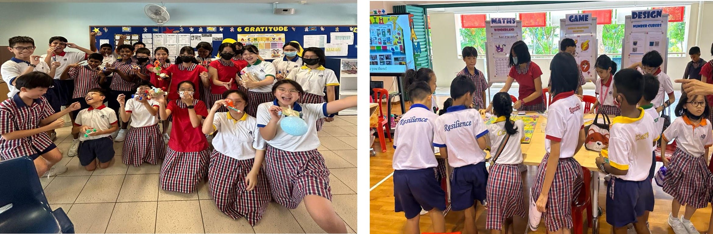 Students in plaid uniforms pose in a classroom, and another group gathers near Maths, Game, and Design display boards.