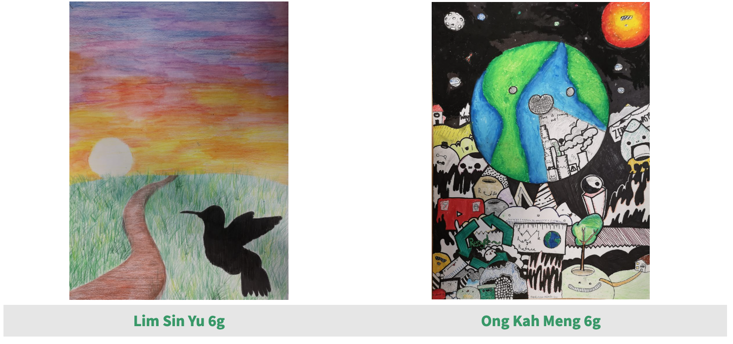 Two student drawings: a sunset with a bird silhouette, and Earth in space surrounded by pollution and waste symbols.