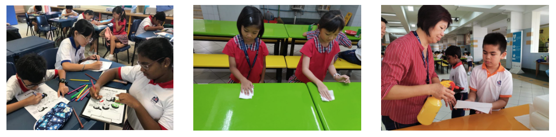 Three school scenes: students drawing, two girls wiping green tables, and a teacher guiding a boy with a spray bottle.