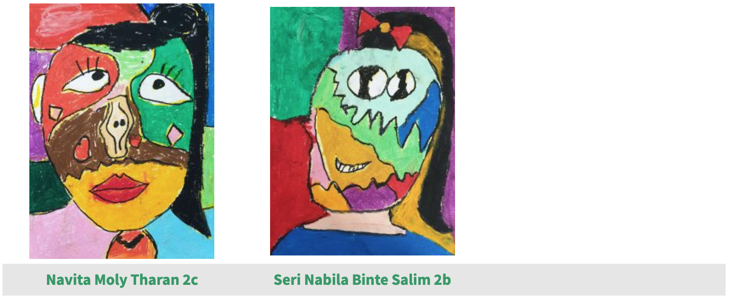 Two colorful cubist-style face paintings by students Navita Moly Tharan and Seri Nabila Binte Salim.