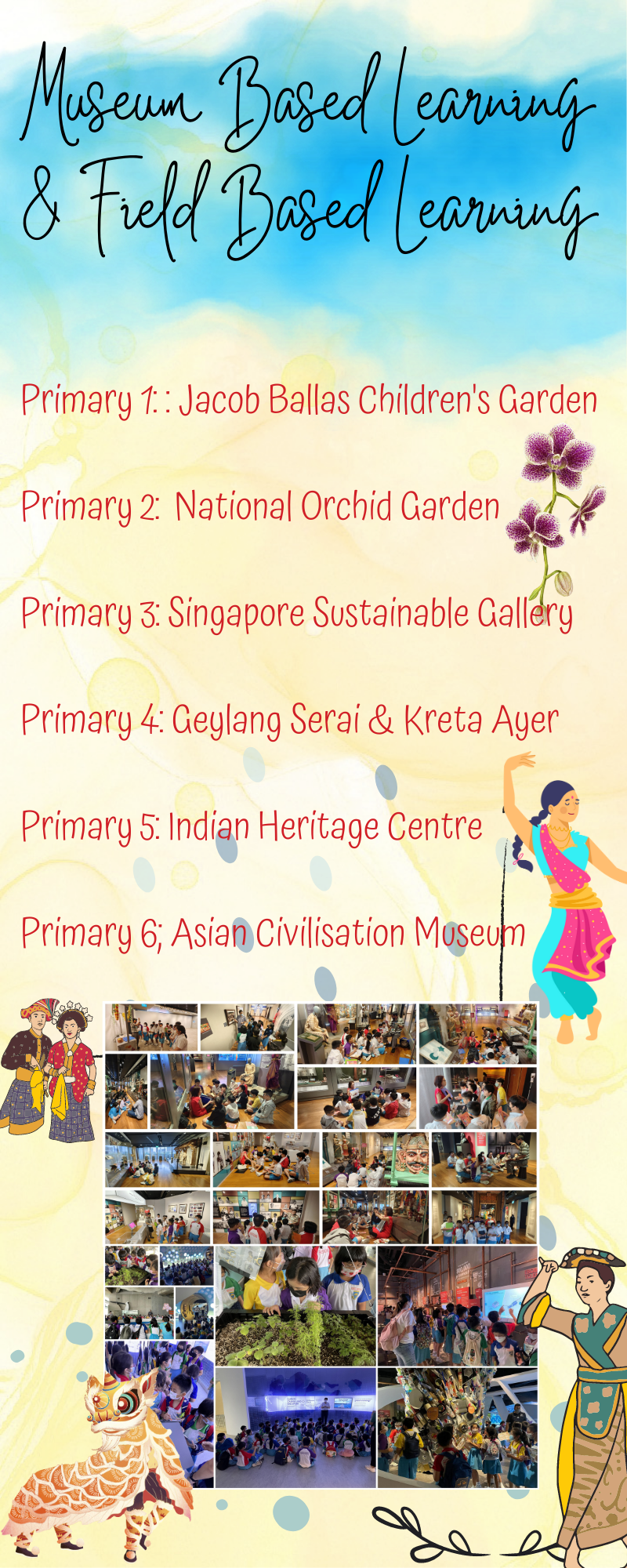 Flyer listing Museum and Field Based Learning trips for Primary 1 to 6 in Singapore, with student photos.