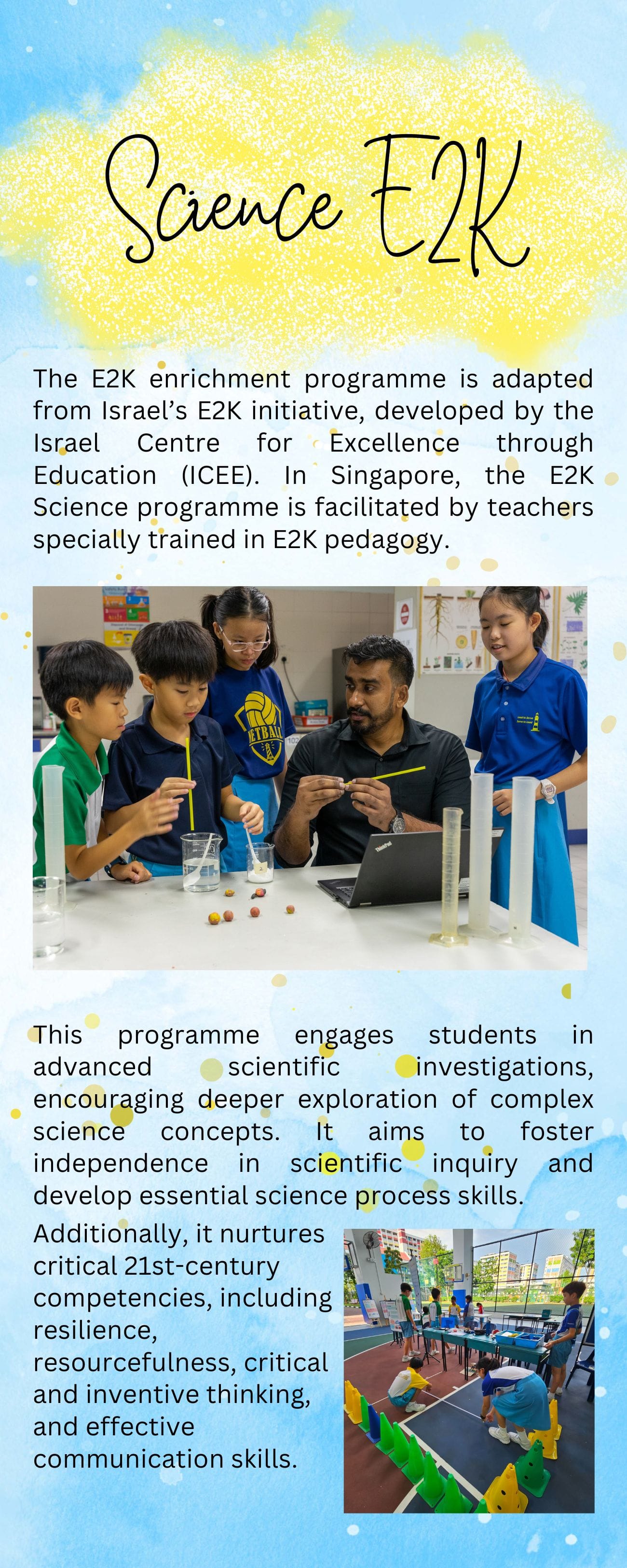Flyer titled Science E2K showing a teacher guiding students in a lab experiment with beakers and cylinders.