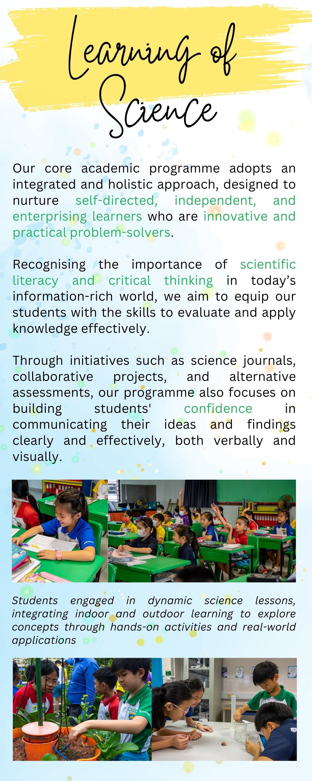 Flyer titled Learning of Science describing an academic programme, with photos of students in classroom and lab activities.