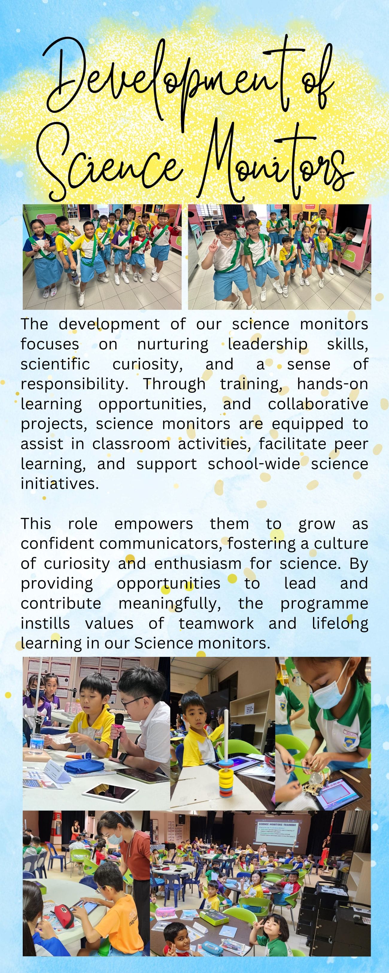 Flyer titled Development of Science Monitors showing young students in uniforms doing hands-on science activities in classrooms.
