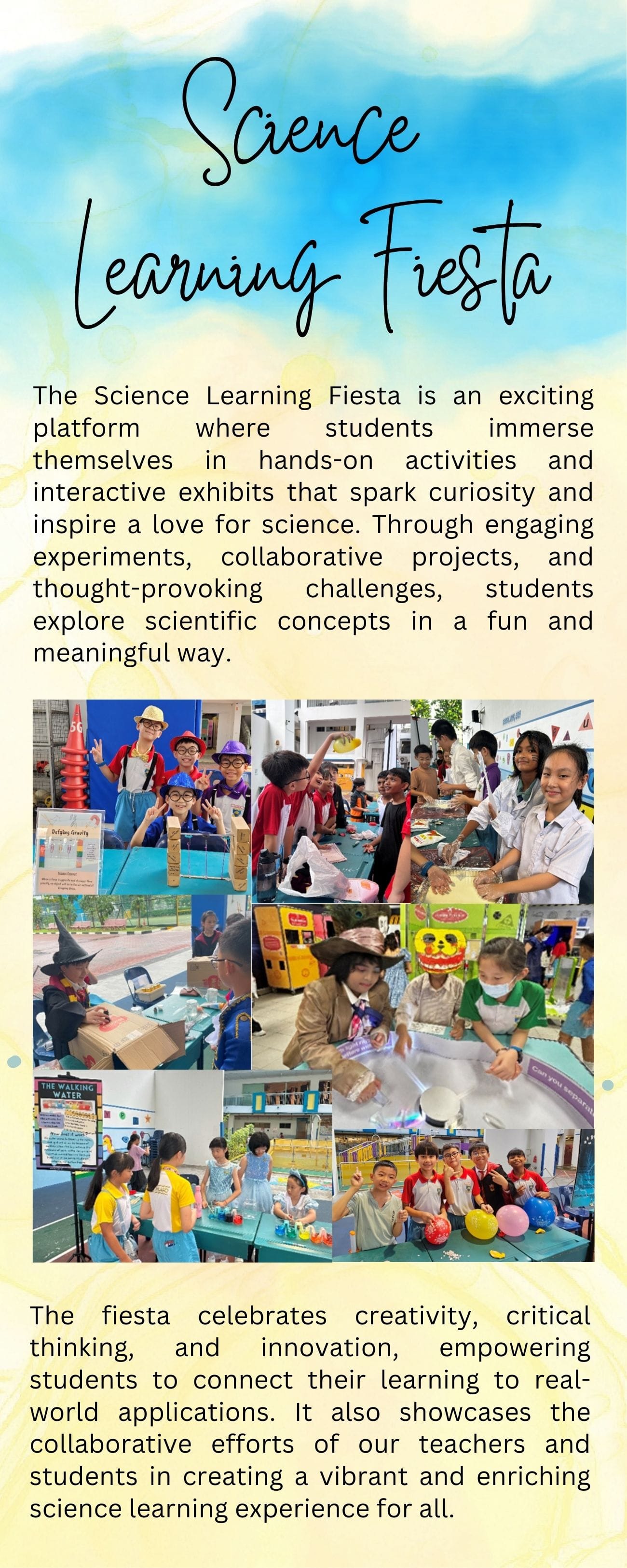 Flyer for Science Learning Fiesta with collage of students in costumes doing hands-on science experiments at booths.