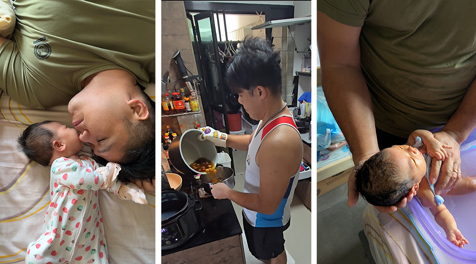 Father bonding with newborn through cuddling, cooking and bath time at home
