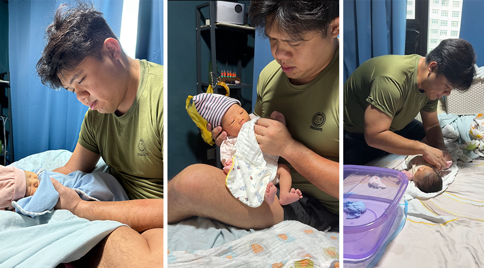 Father caring for his newborn through feeding, holding and changing diapers at home