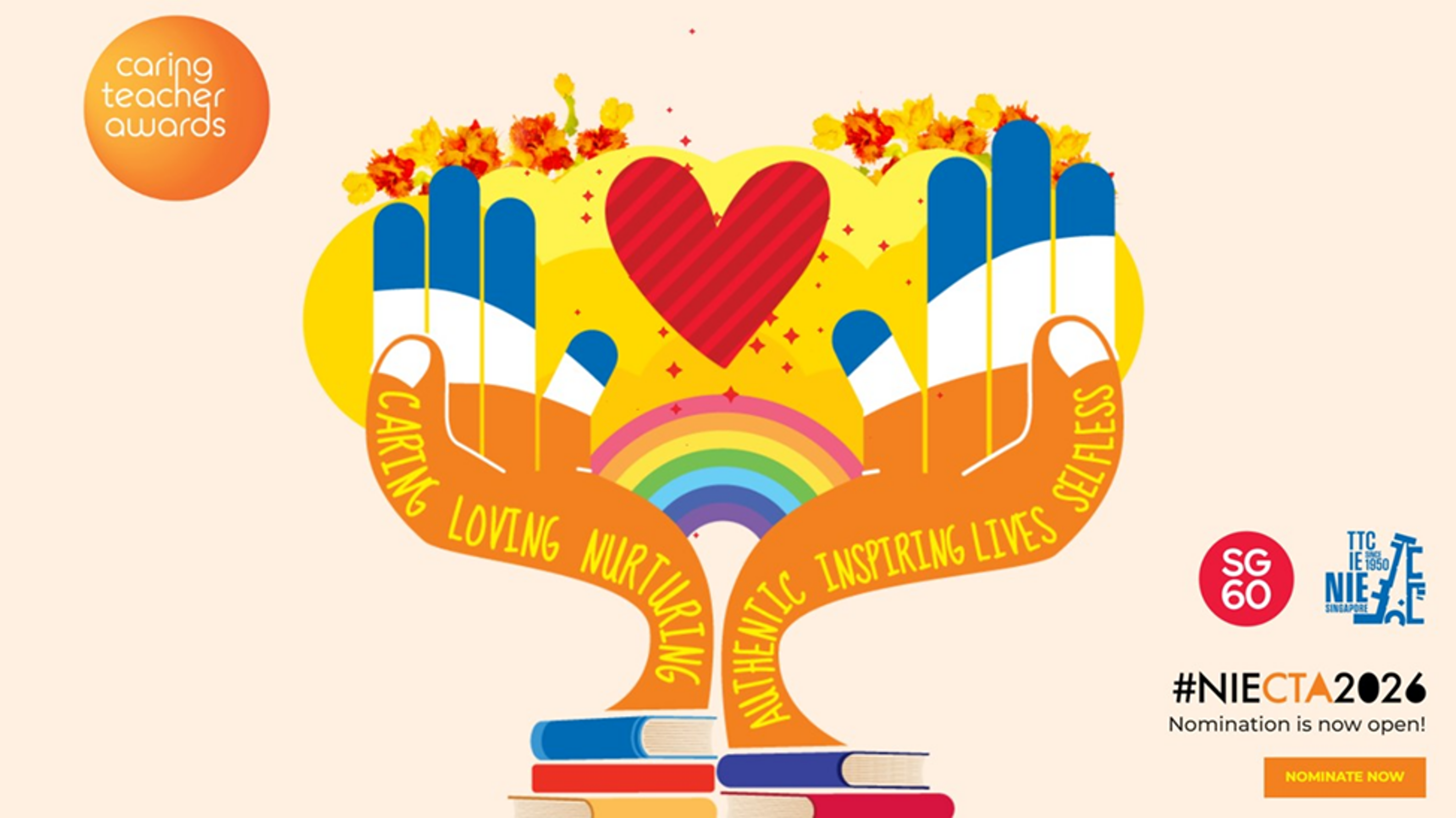 Two open hands hold a heart and rainbow above books, with Caring Teacher Awards and #NIECTA2026 text.