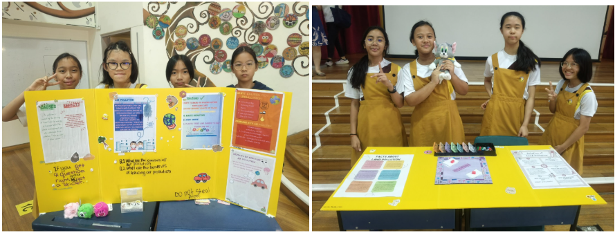 Four girls stand behind a yellow science fair board on the left; four girls pose at a display table on the right.