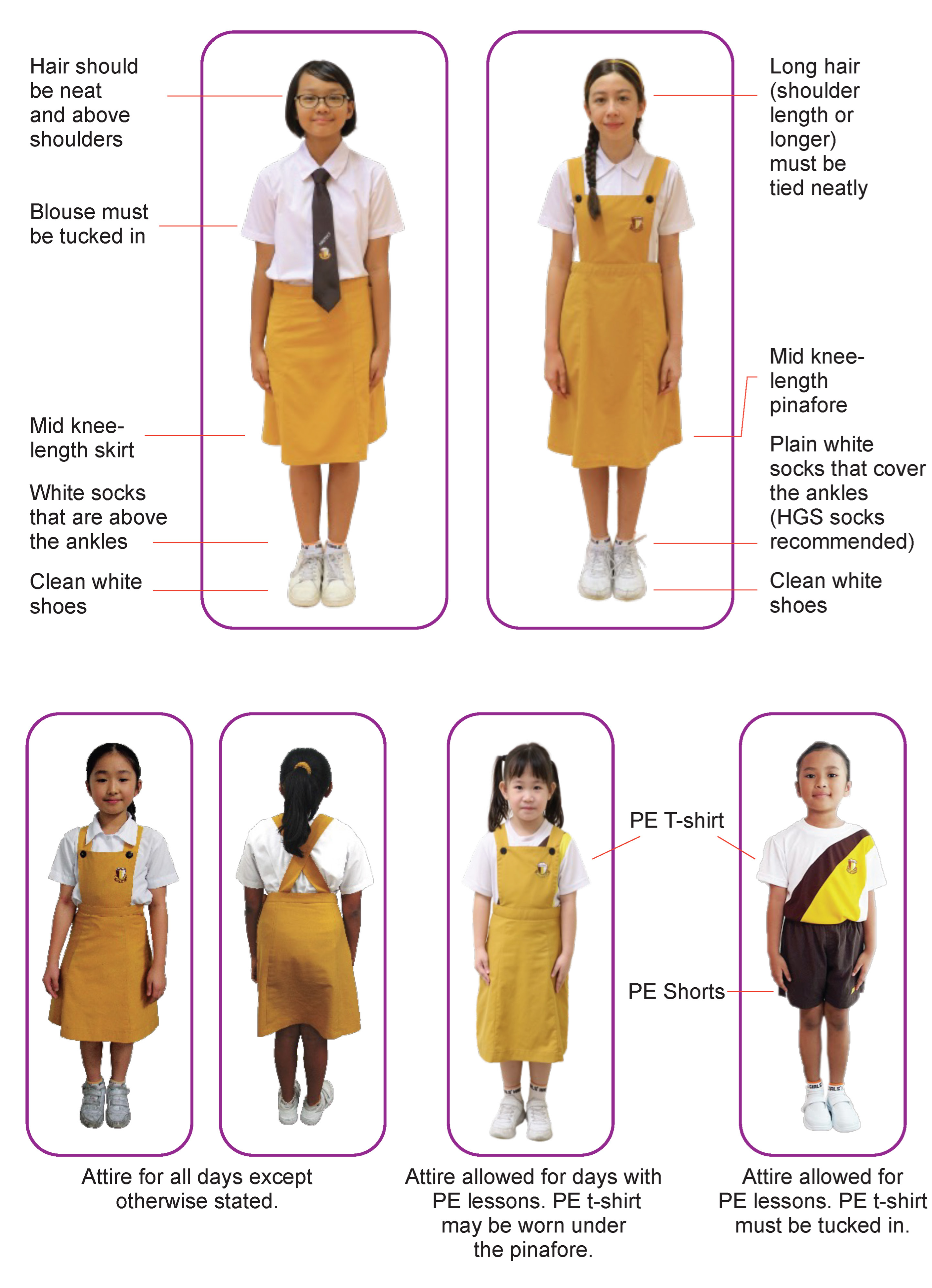 School uniform guide showing girls in white blouse with skirt or pinafore and PE attire, with labeled dress code rules.