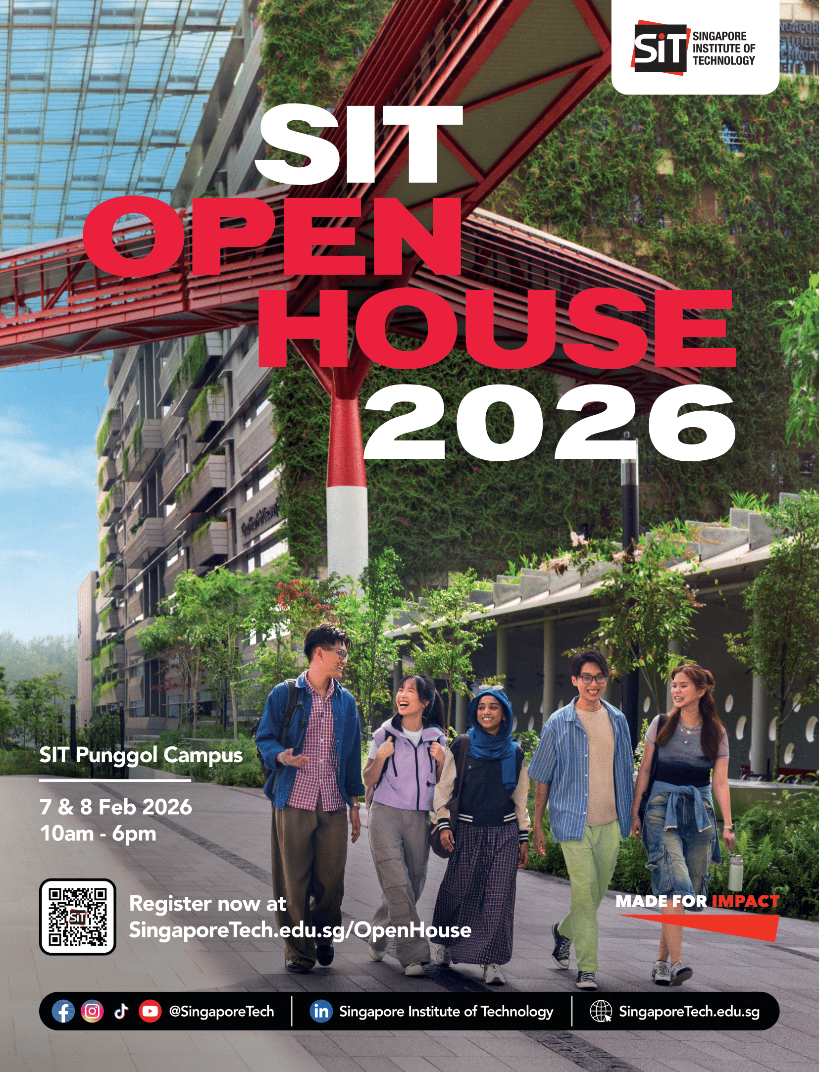 Poster for SIT Open House 2026 at Punggol Campus on 7 and 8 Feb, showing five students walking outdoors.