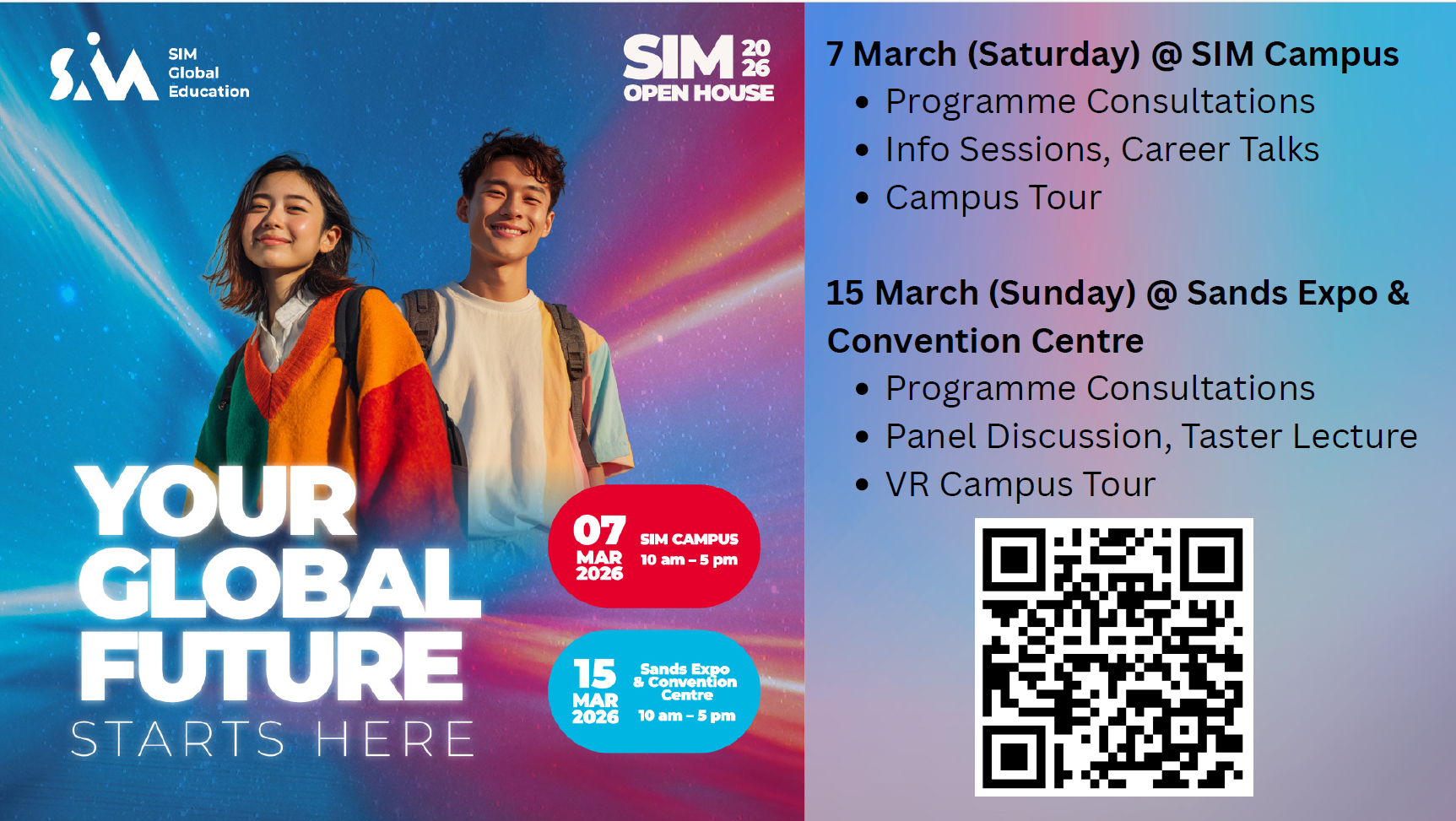 SIM Global Education Open House 2026 flyer with two smiling students and event details for March 7 and 15.