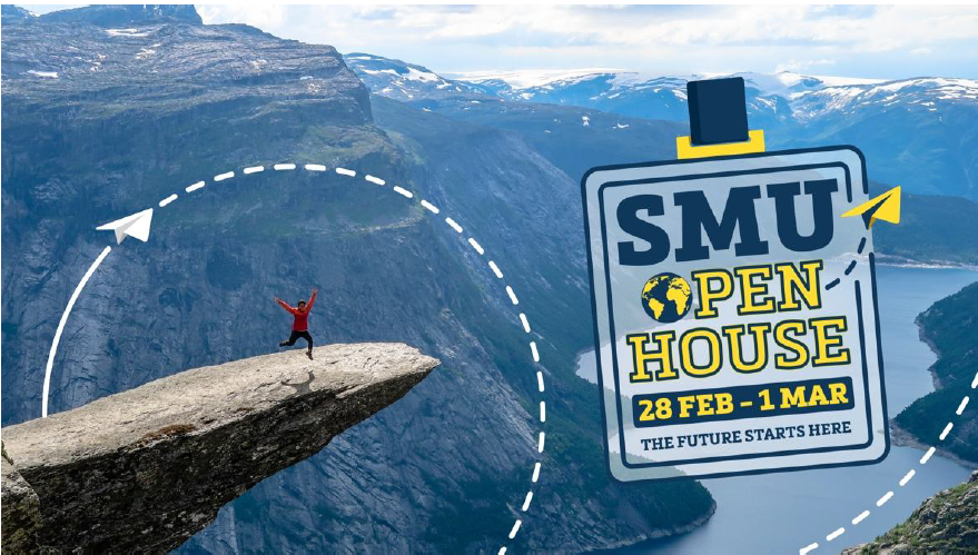 Person jumping on a cliff edge over a fjord, with SMU Open House event banner for 28 Feb to 1 Mar.
