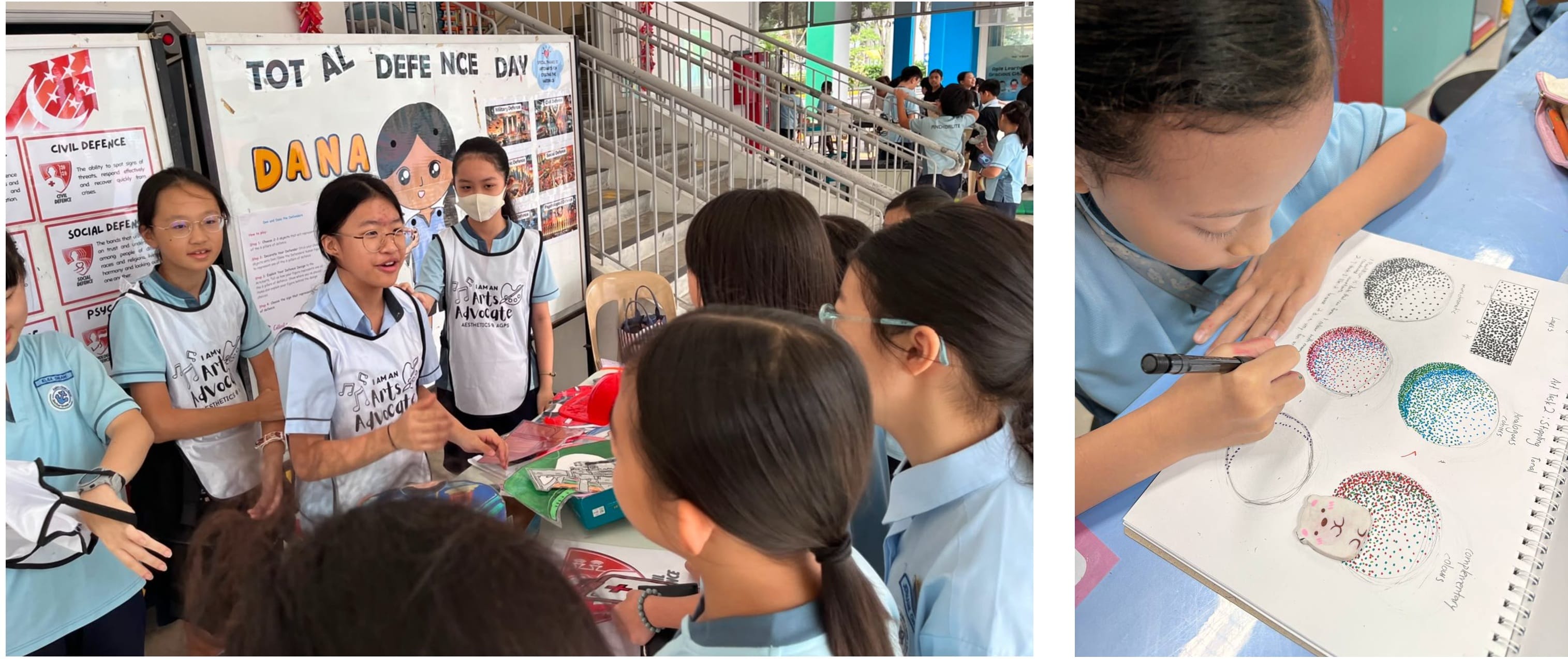 A collage of two photographs highlighting students’ participation in aesthetics and arts-related learning activities. In the left image, students wearing arts advocate vests engage with peers at an exhibition booth featuring a display about Total Defence Day, sharing information and discussing the showcase materials with visitors. In the right image, a student works on a sketchbook page filled with colourful pointillism-style artwork, using coloured dots and patterns to create artistic compositions. The images showcase student leadership, creativity, visual arts exploration, and active participation in school-based arts education.