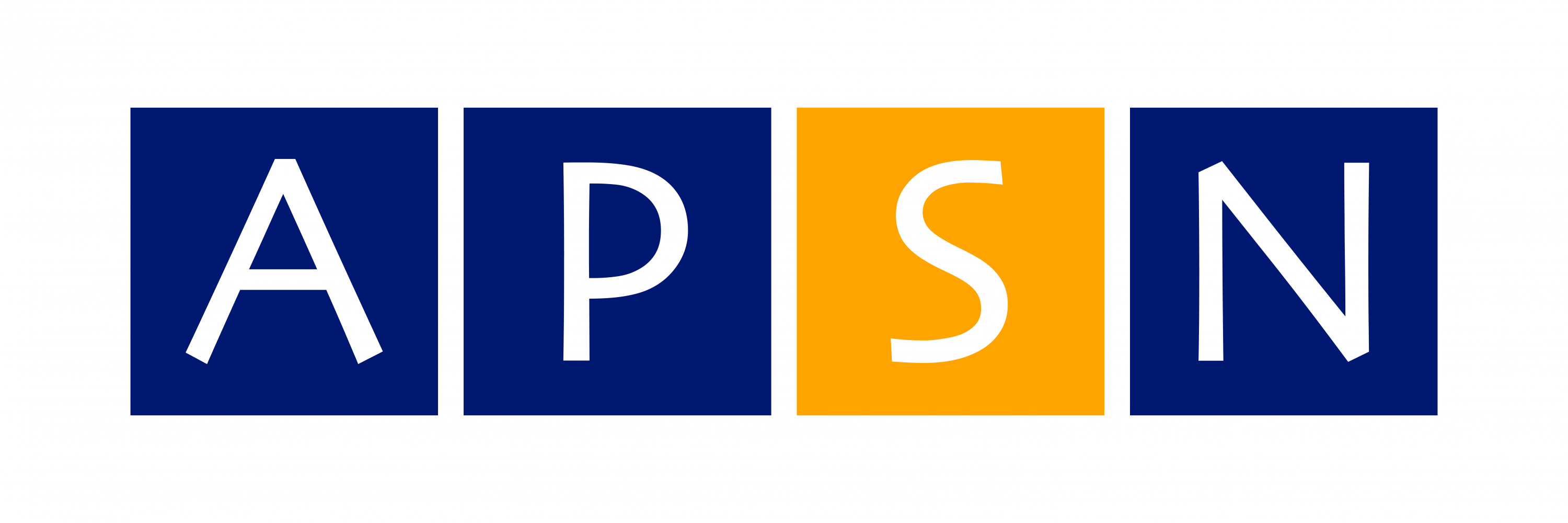 Four squares spelling APSN, three in dark blue and one orange for S, each with a white letter inside.