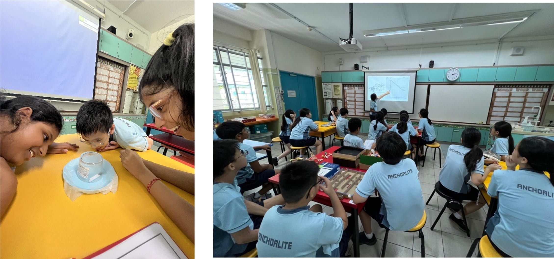 A collage of two photographs showing students engaged in hands-on science learning in a classroom. In the left image, three students closely observe a small experimental setup placed on a table, examining the activity at eye level and discussing their observations. In the right image, a teacher presents scientific concepts using a projected diagram at the front of the classroom while students work in groups with learning materials and models at their tables. The images highlight inquiry-based learning, observation, experimentation, and collaborative discussion during a science lesson.