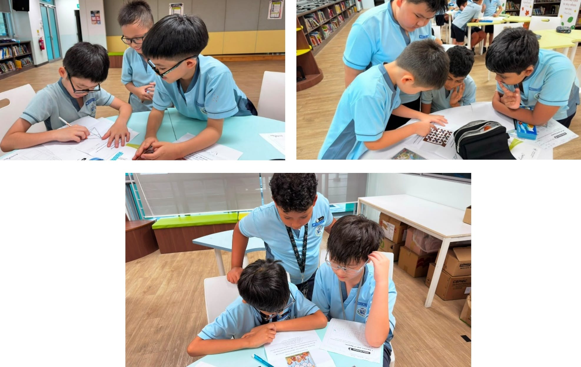 A collage of three photographs showing students working collaboratively on mathematics activities in a school library. In the top-left image, three students gather around a table, discussing and completing a geometry-related worksheet. In the top-right image, four students examine a worksheet together, pointing to and discussing a problem. In the bottom image, three students review and solve mathematics questions at a table while working as a team. Bookshelves, study tables, and learning materials are visible throughout the library setting, highlighting active participation, collaboration, and problem-solving during a mathematics lesson.