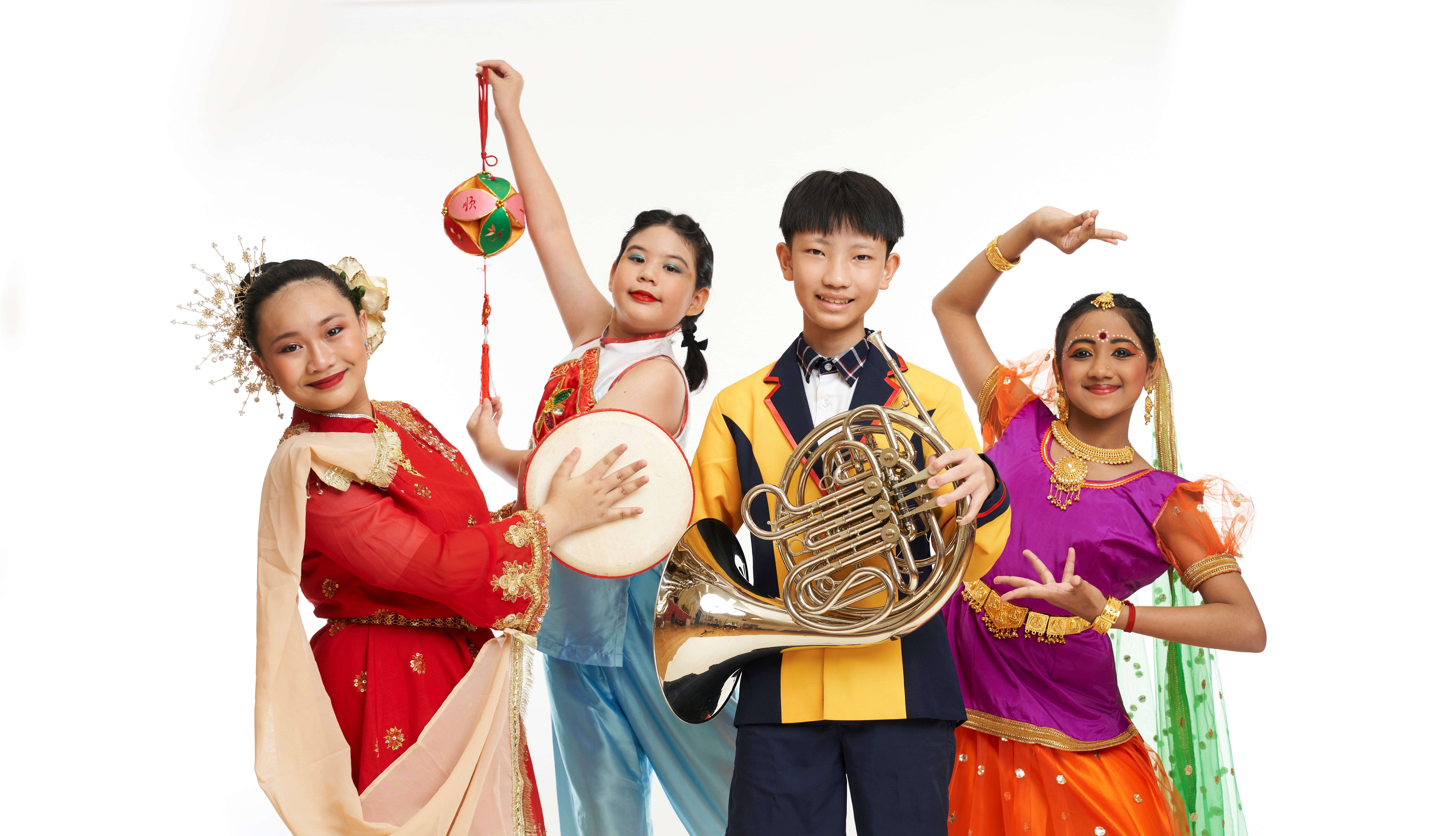 Students in different attires, showcasing their respective CCAs.