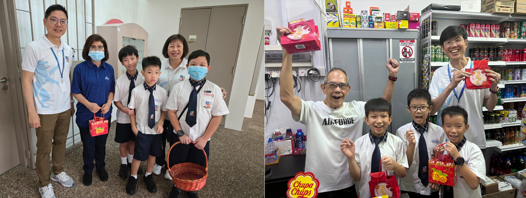 Two groups of school children in uniforms hold red festive gift bags while posing with School Leaders indoors.