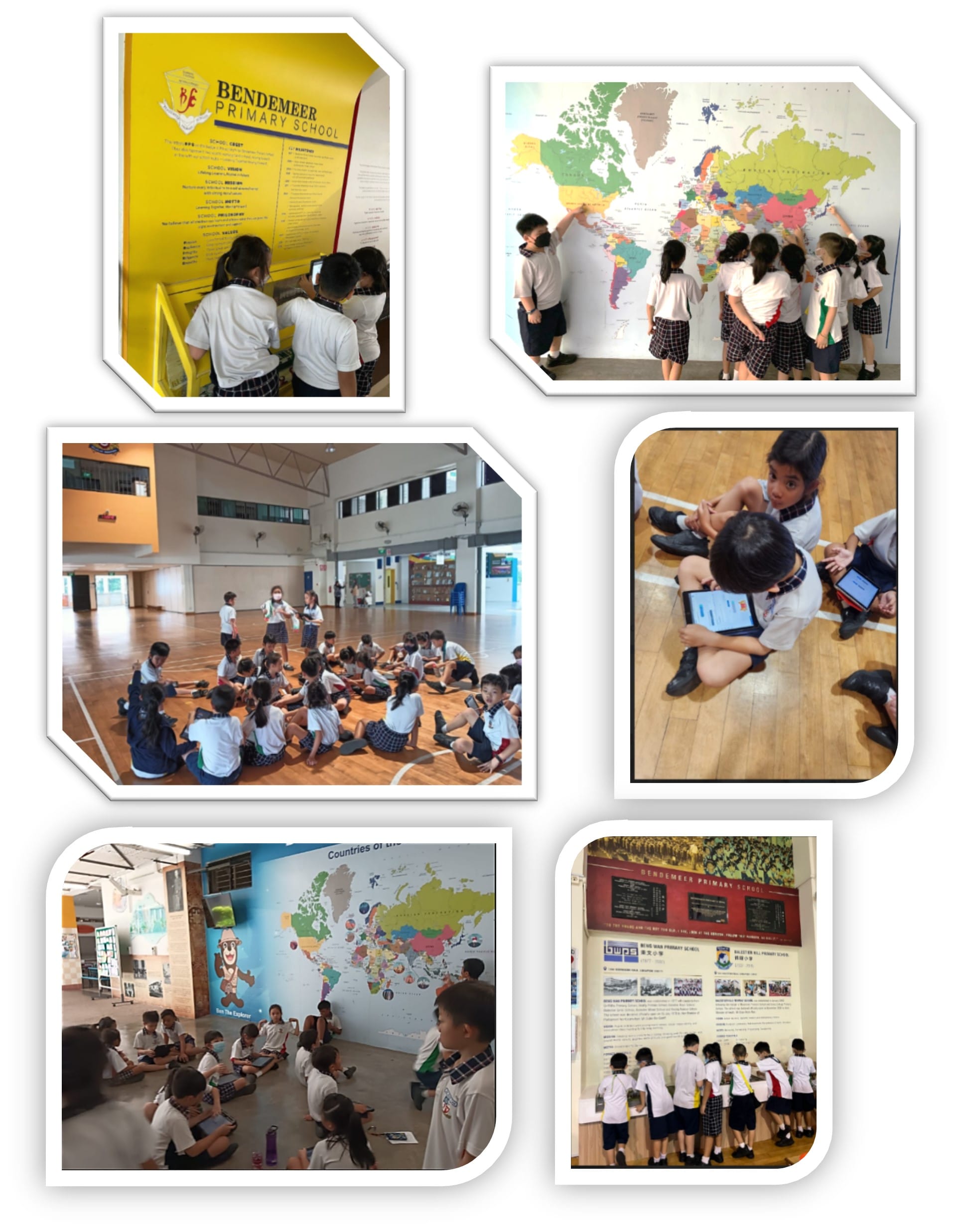 Six photos of Bendemeer Primary School students in uniform learning indoors, using tablets and exploring world maps.