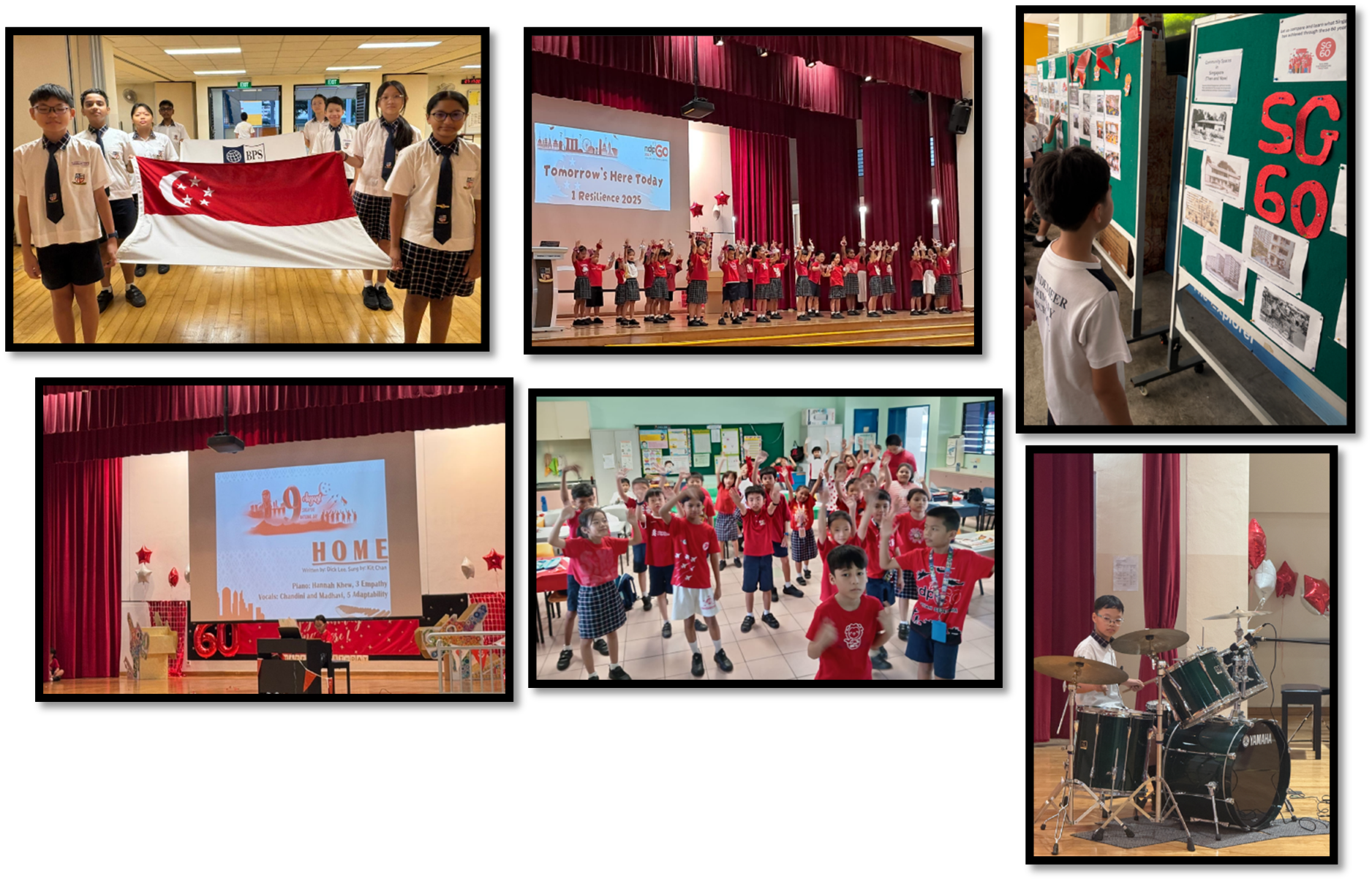 Six photos of a BPS National Day event showing students with a flag, performing on stage, dancing, a drummer, and an SG60 display board.