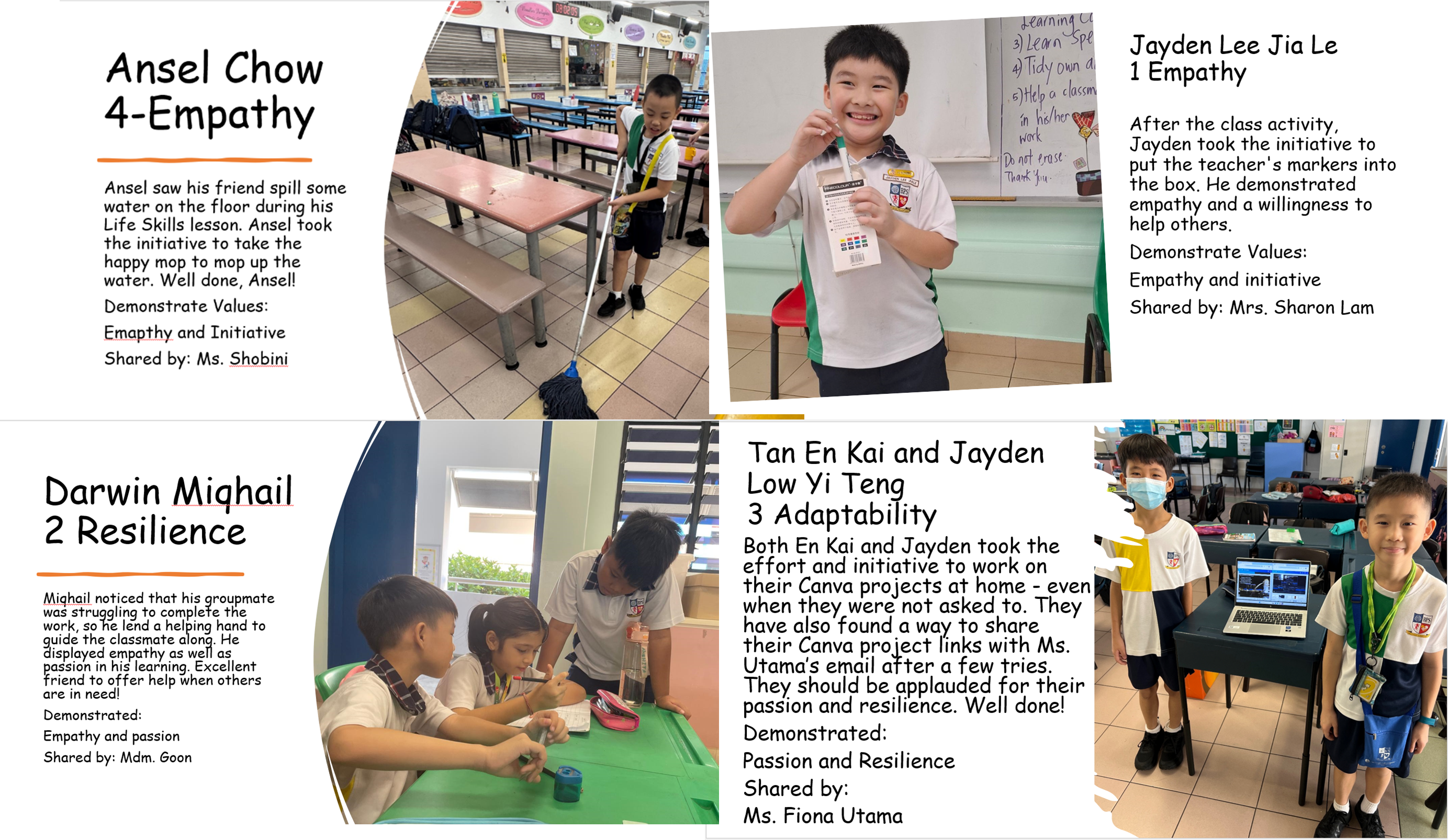 Collage of student award notes with photos of boys mopping, holding a card, helping classmates, and at a laptop.