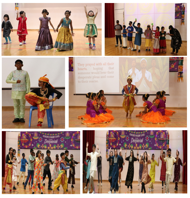 Children in colorful traditional outfits perform dances and skits at a school Deepavali celebration event.