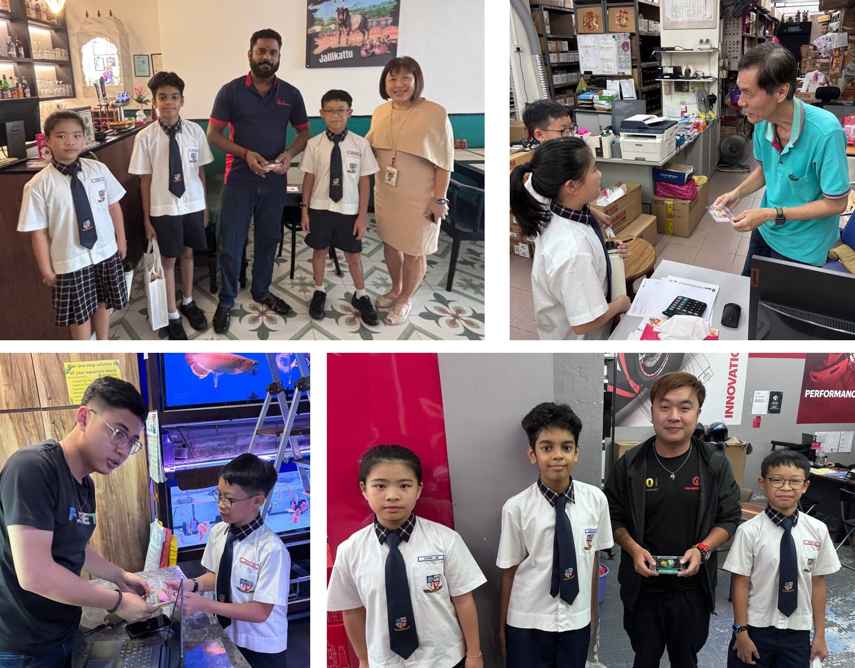 Five photos of school students in white shirts and ties visiting various local businesses and interacting with adults.