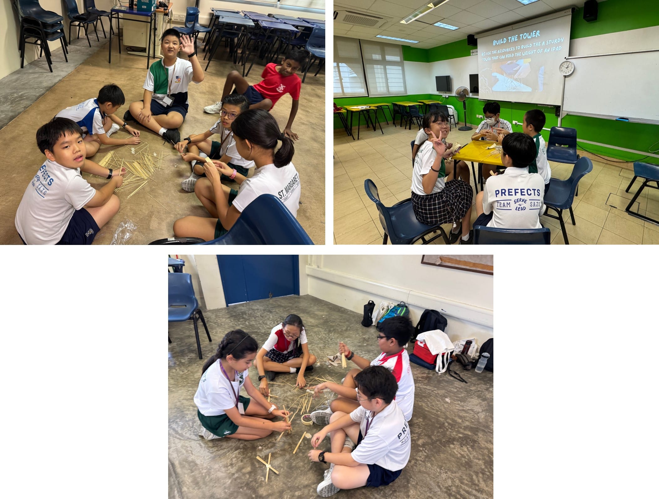 Students in school uniforms sit on floors building structures with sticks during a classroom tower-building activity.