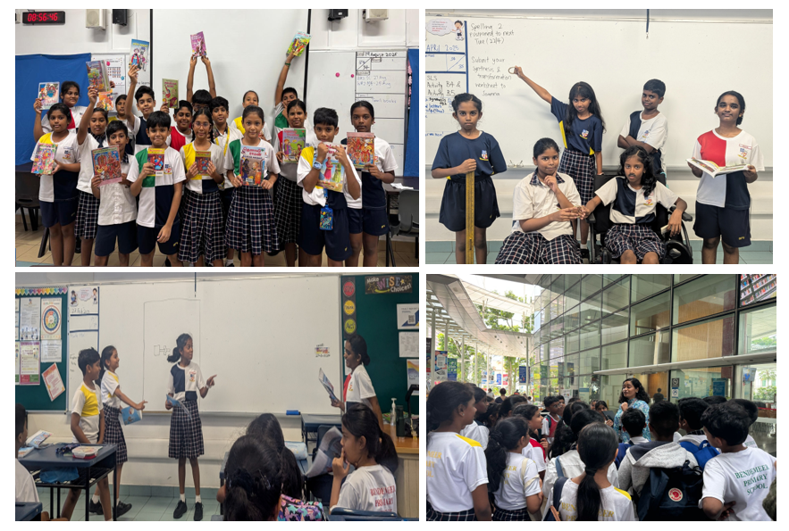 Four classroom scenes showing uniformed primary school students holding books, posing, presenting, and gathered outdoors.