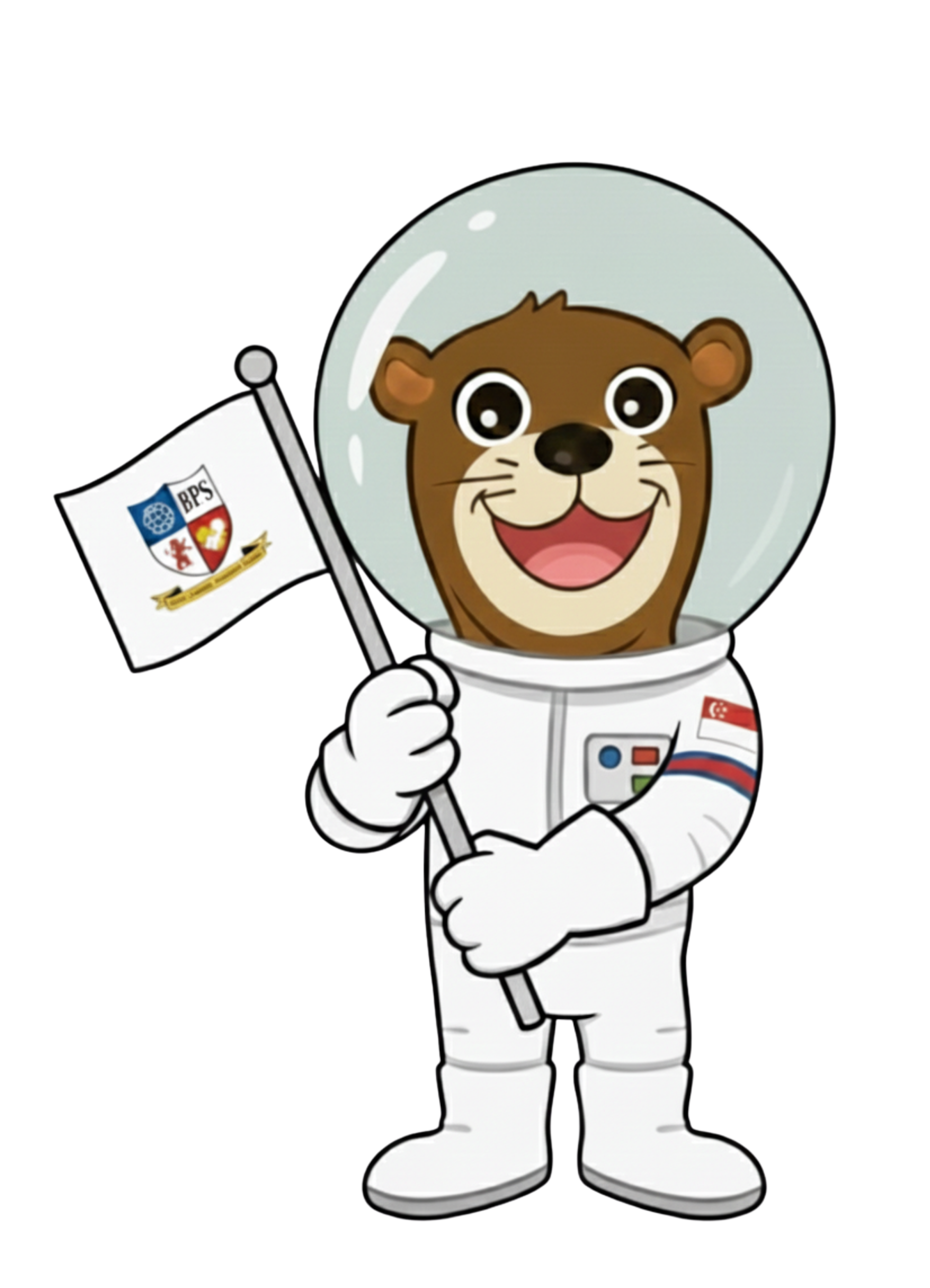 Cartoon otter mascot in a white spacesuit holding a small BPS school crest flag, smiling broadly.