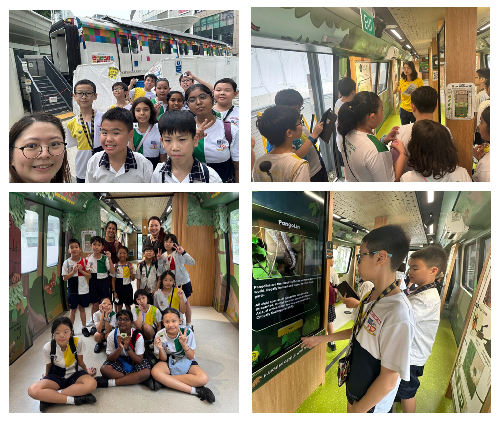 Students on a school trip explore a wildlife-themed educational bus, posing and viewing a pangolin information screen.