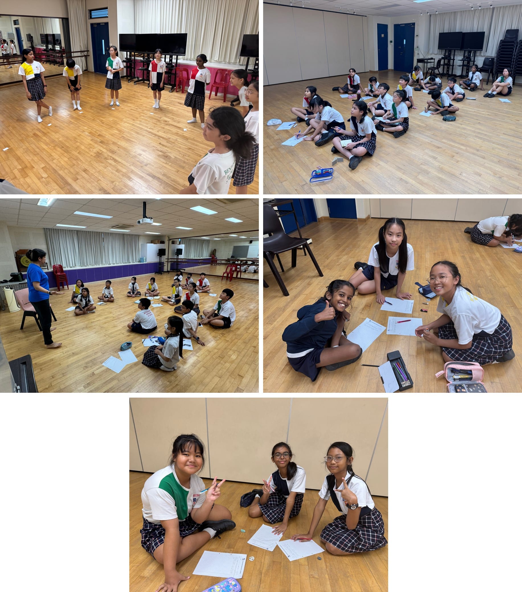 Five photos of uniformed schoolchildren sitting on wooden floors in a hall, doing activities with papers.