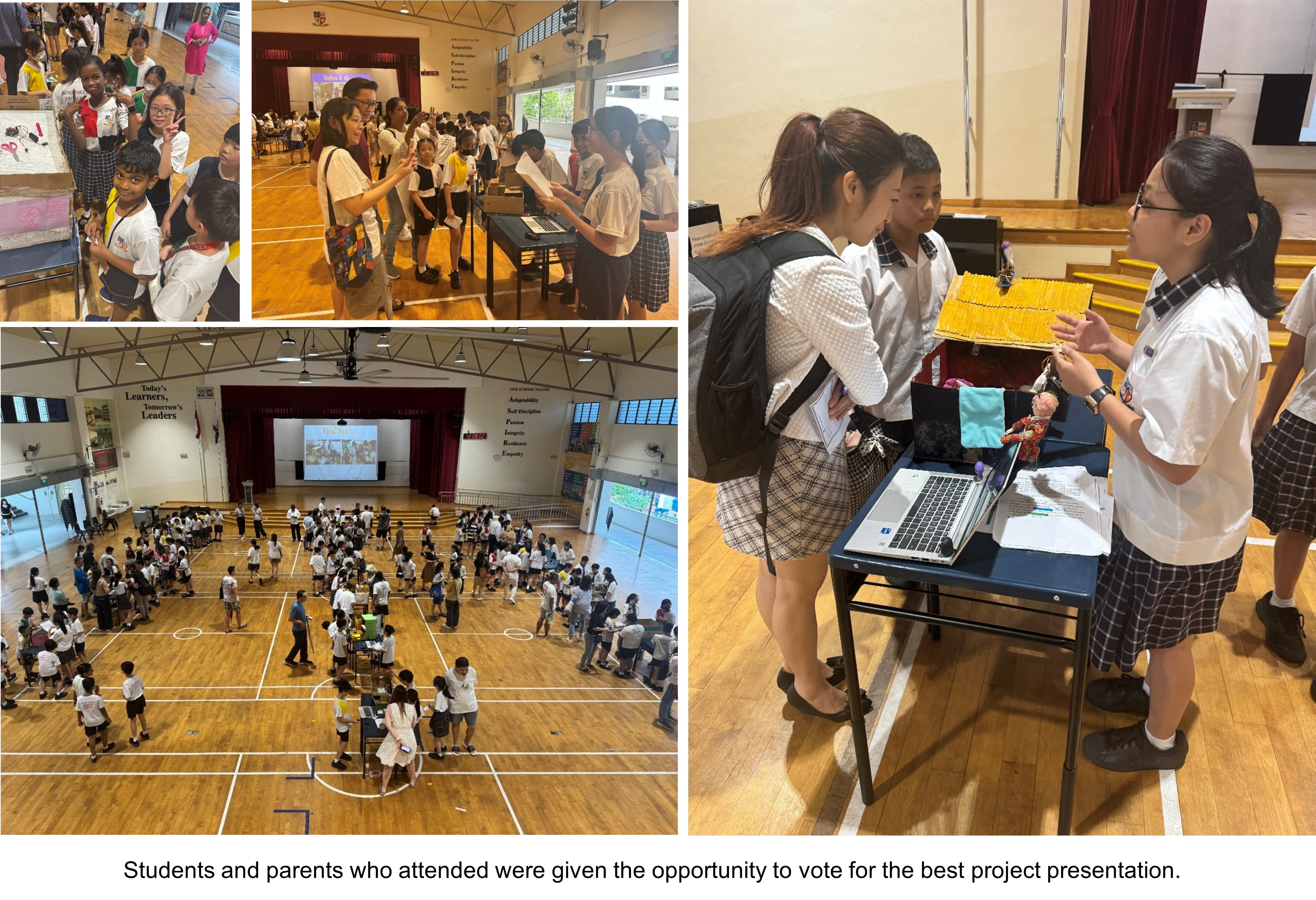 Students present projects in a school hall, with a model house and laptop on a table in one panel.