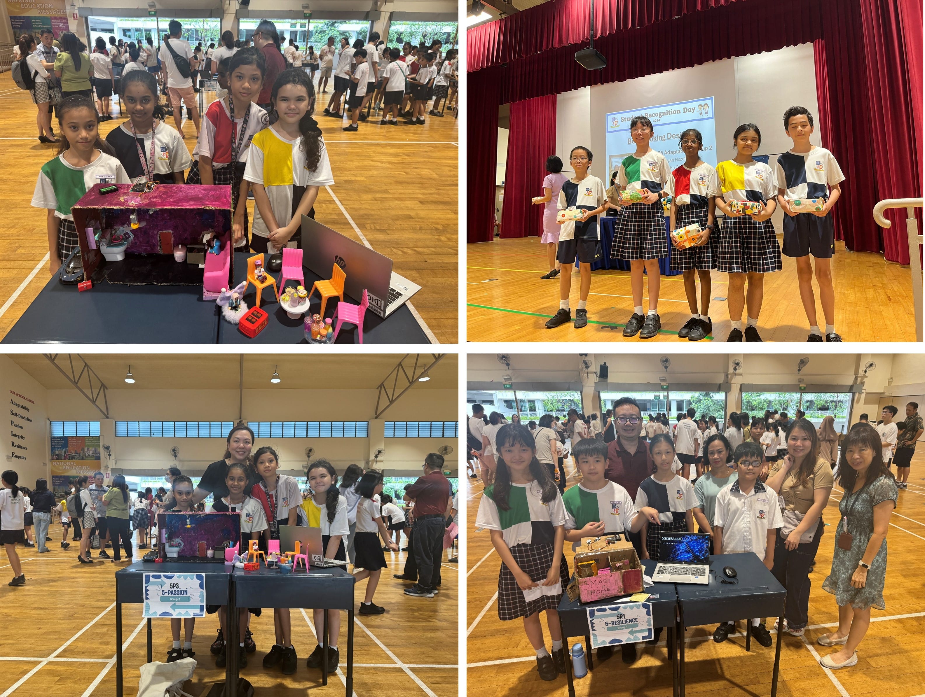 Four school scenes showing uniformed students displaying project models and receiving awards.