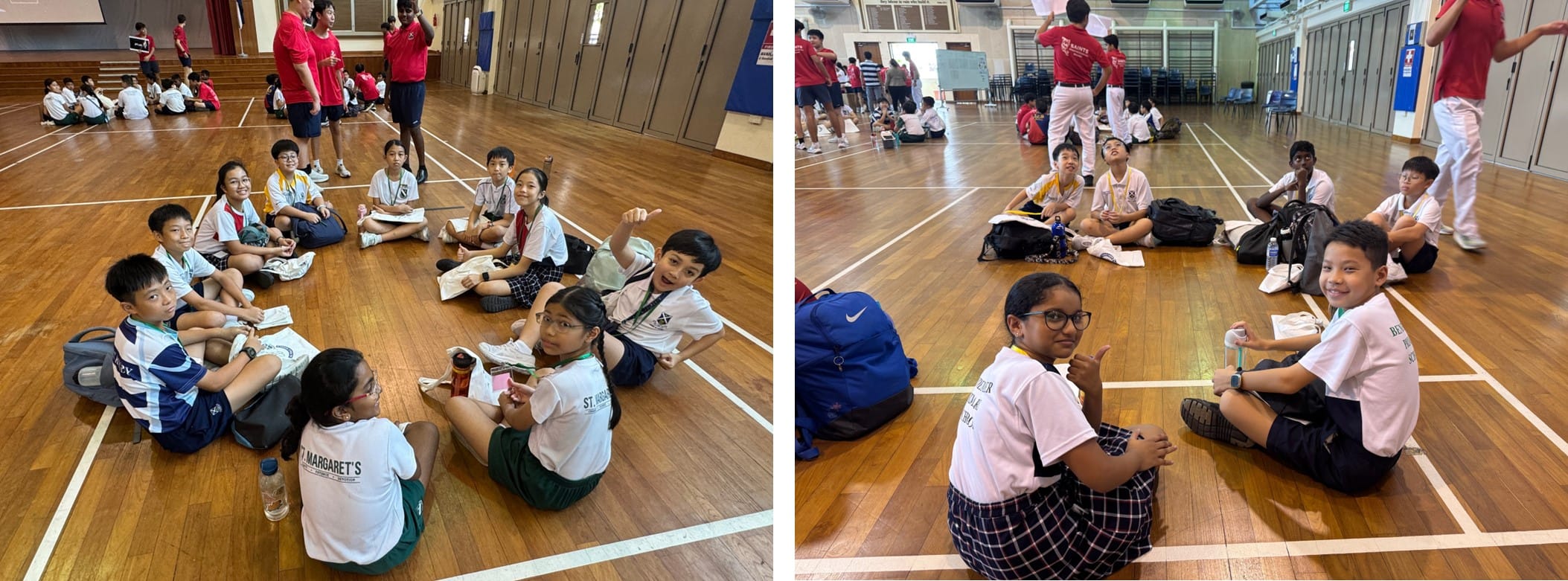 Students in school uniforms sit on a gymnasium wooden floor in two side-by-side photos, smiling at the camera.