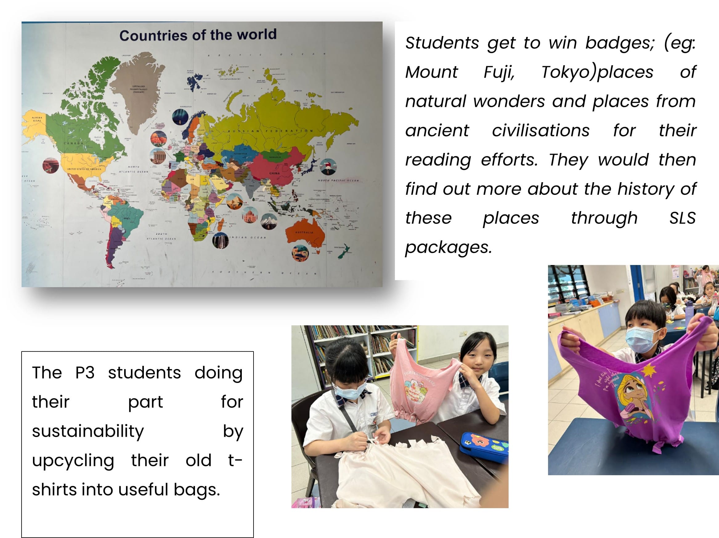 Students with masks hold upcycled t-shirt bags beside a world map with landmark photos pinned on it.