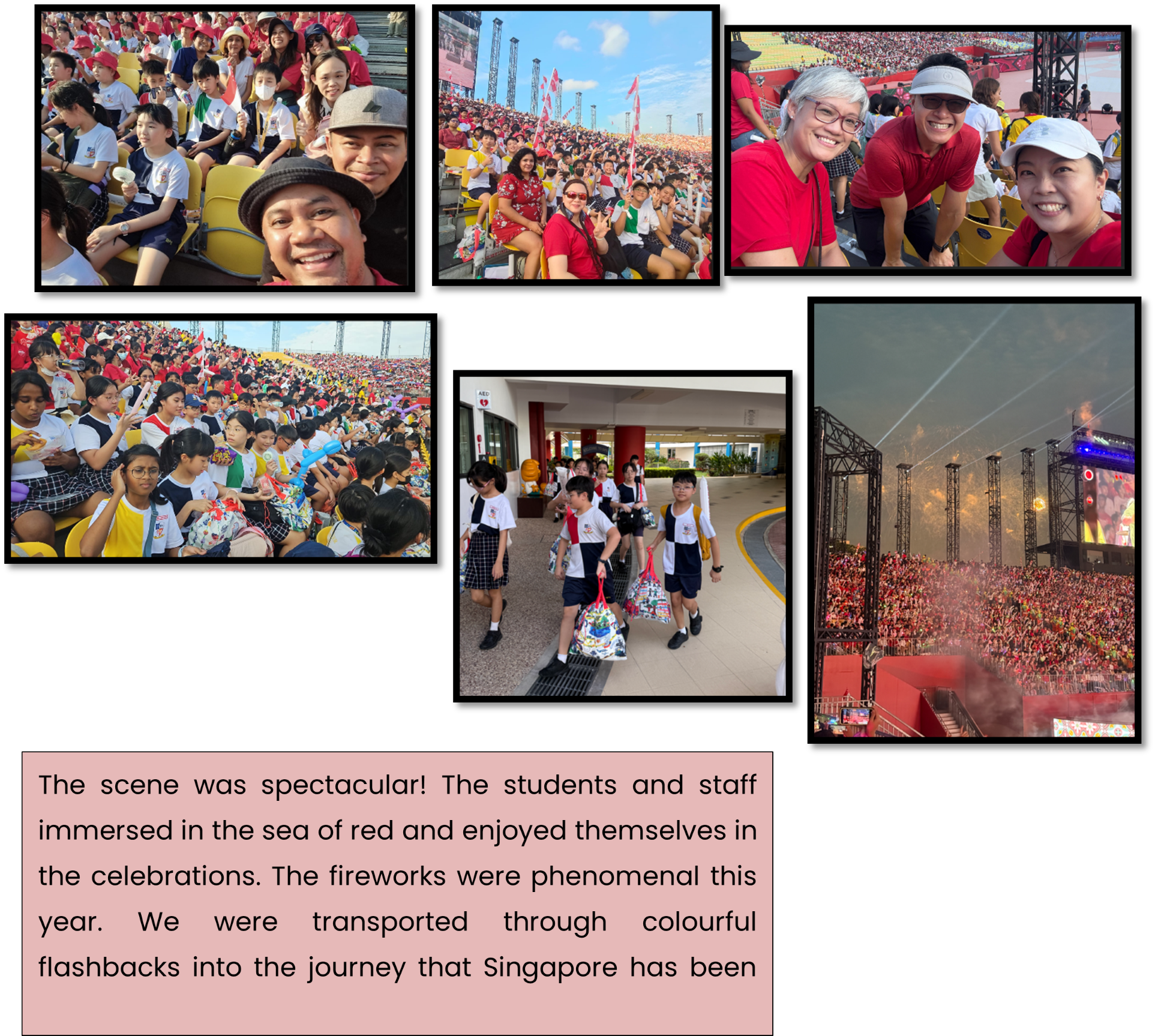 Six photos show students and staff in red at a large stadium celebration with fireworks and a packed crowd.