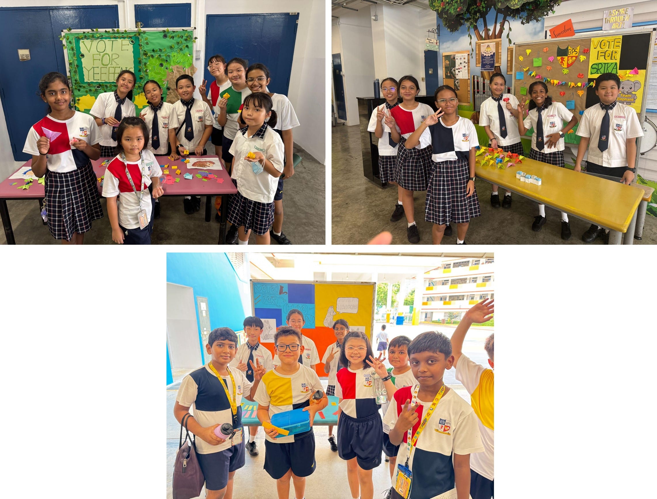 School students in uniforms pose near campaign posters reading Vote for Yeefeng and Vote for Srika.