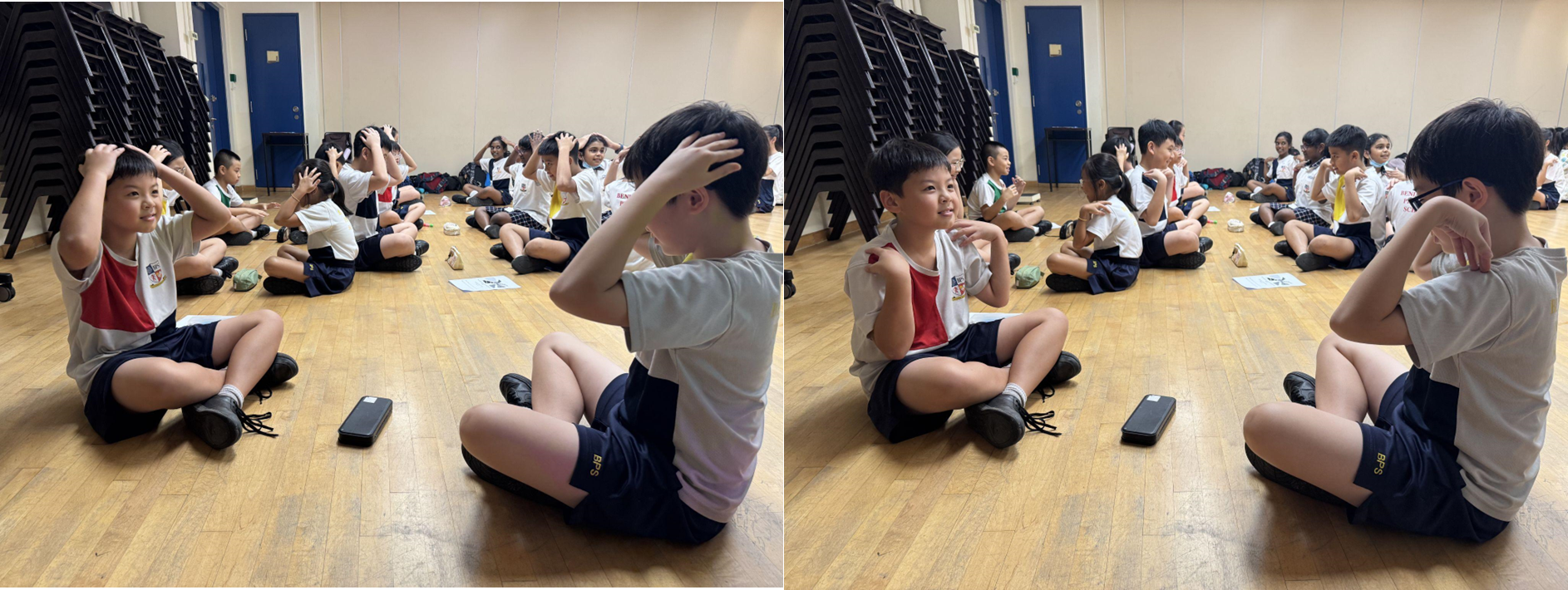 Two side-by-side photos of children in school uniforms sitting cross-legged on a wooden hall floor doing hand gestures.