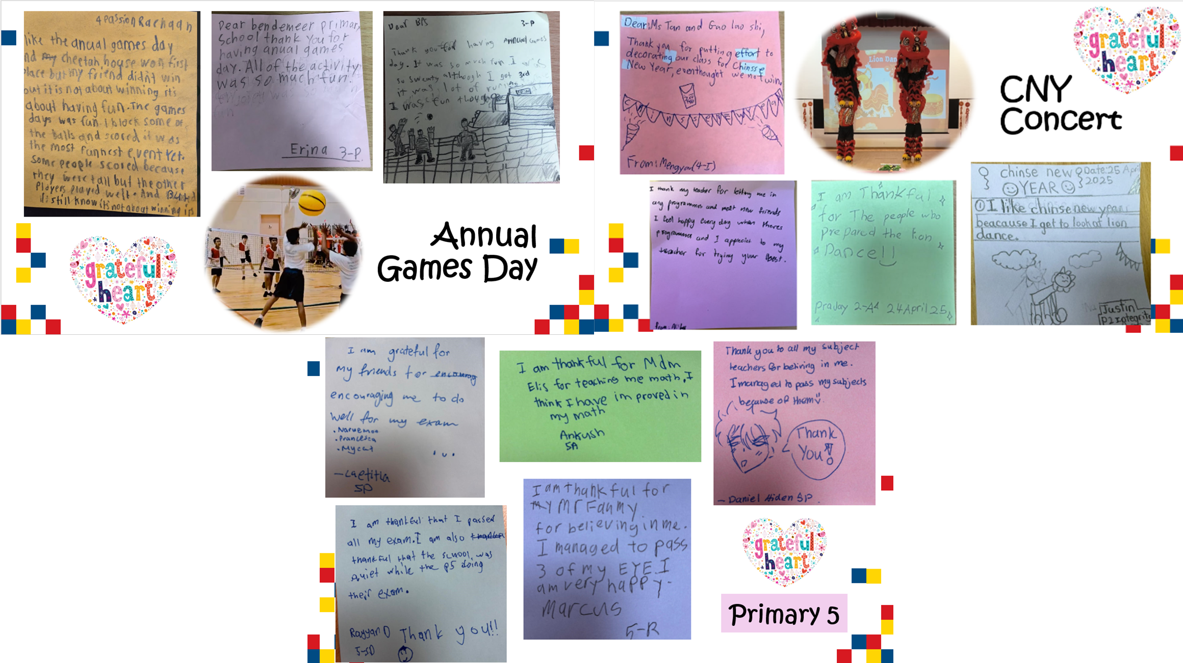 Collage of handwritten student thank-you notes about Annual Games Day, CNY Concert lion dance, and Primary 5 gratitude messages.
