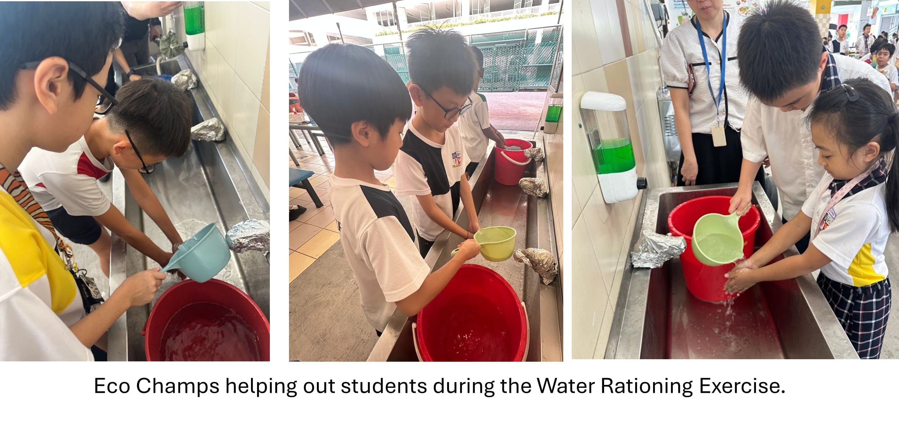 Students use small cups to pour water into red buckets at a sink during a water rationing exercise.