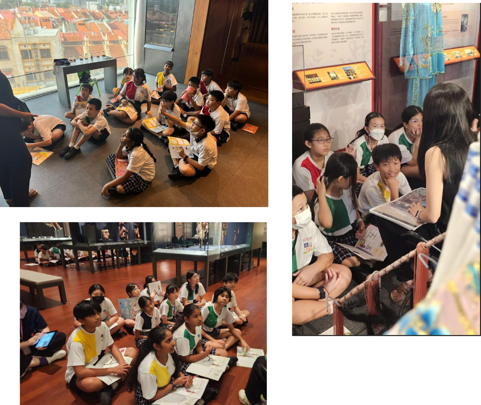 Groups of school children in uniforms sit on museum floors listening to guides during a field trip.