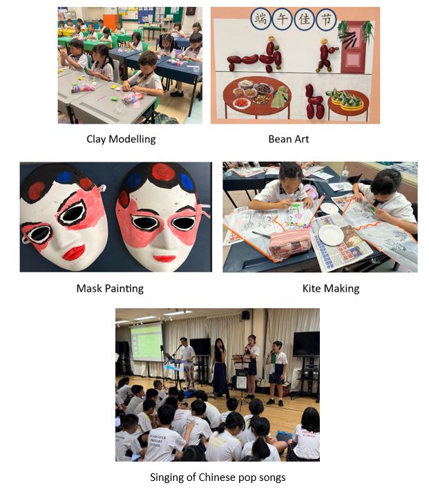 Five student activity photos: clay modelling, bean art display, painted masks, kite making, and Chinese pop song performance.