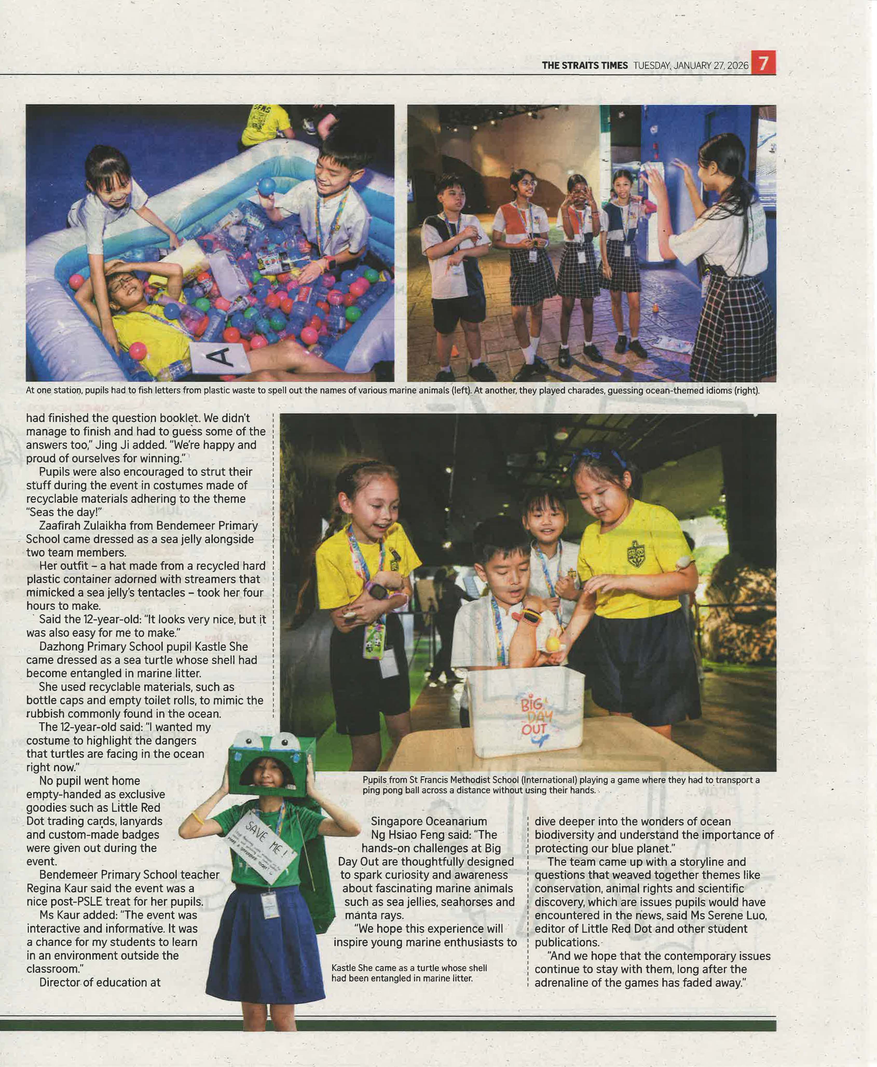 Straits Times newspaper page showing school children playing ocean-themed games at a Big Day Out event.