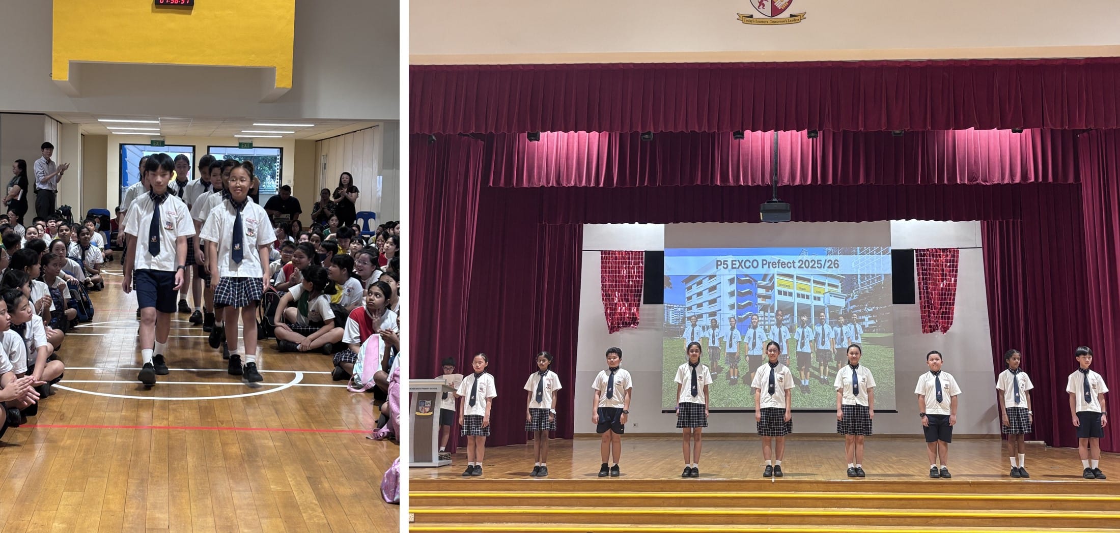 Students in school uniforms walk through a hall and stand on a stage for a P5 EXCO Prefect 2025/26 ceremony.