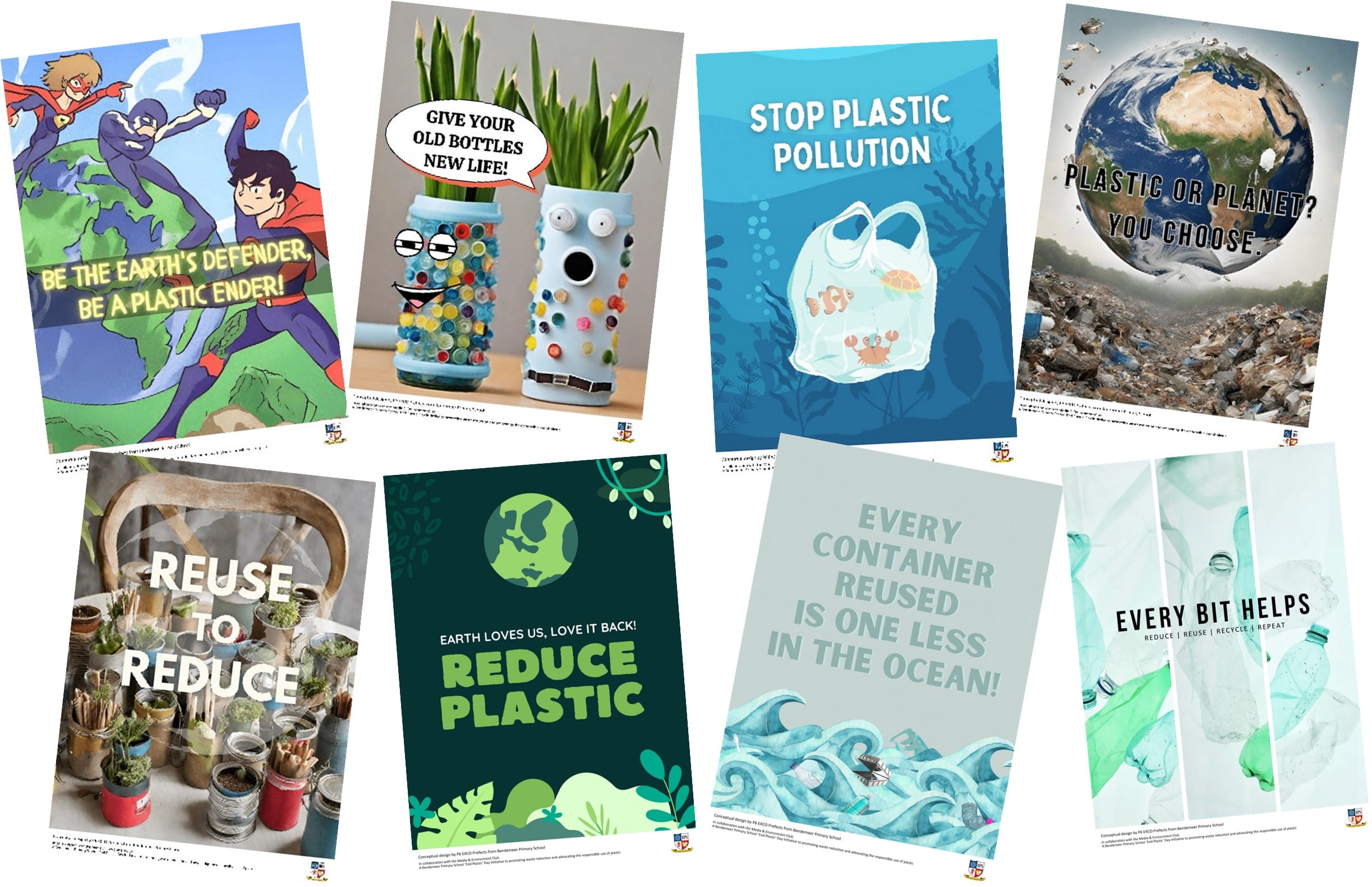 Eight anti-plastic pollution posters with slogans like Stop Plastic Pollution, Reduce Plastic, and Every Bit Helps.