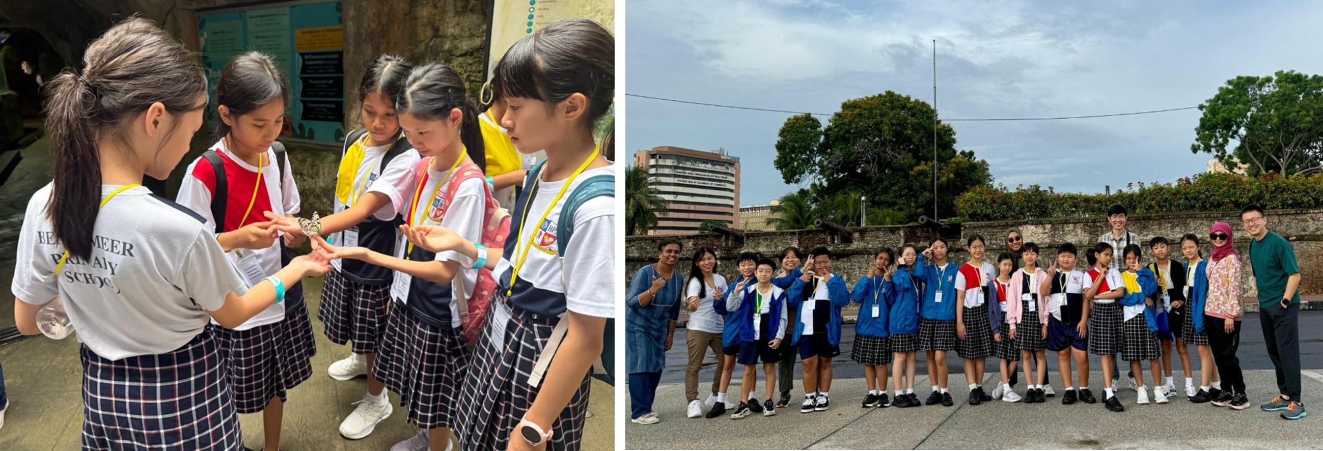 Students in school uniforms on a field trip, left holding a butterfly, right posing as a group outdoors near a stone wall.